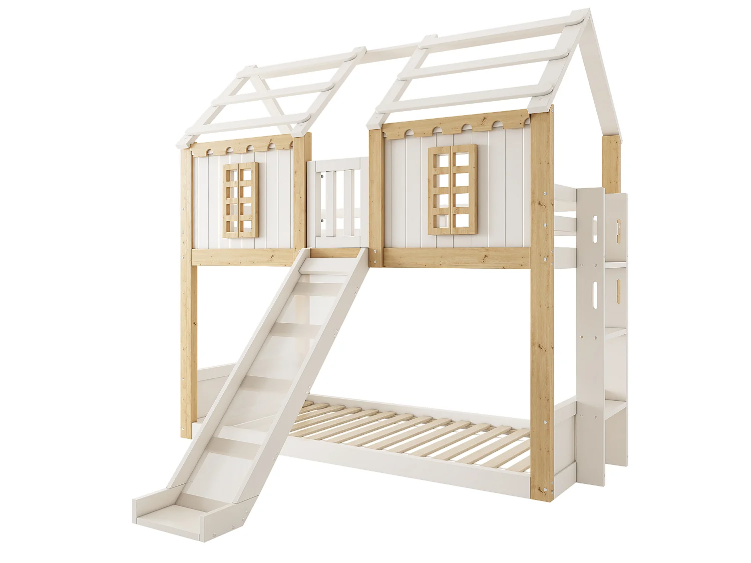 Lit superposé enfant 90x200cm - avec toboggan et échelle - avec fenêtres et garde-corps de sécurité - blanc et naturel (sans matelas)