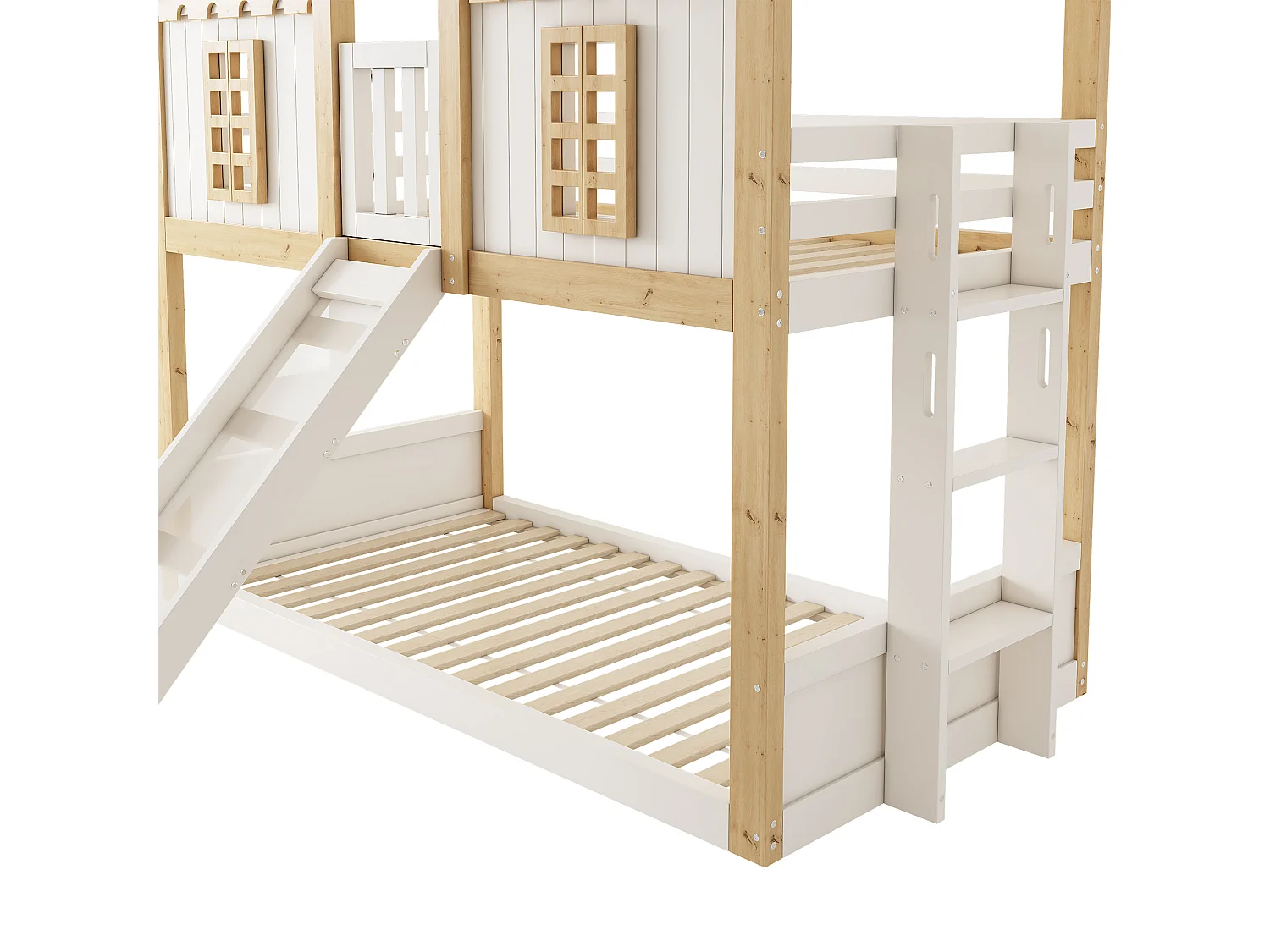 Lit superposé enfant 90x200cm - avec toboggan et échelle - avec fenêtres et garde-corps de sécurité - blanc et naturel (sans matelas)