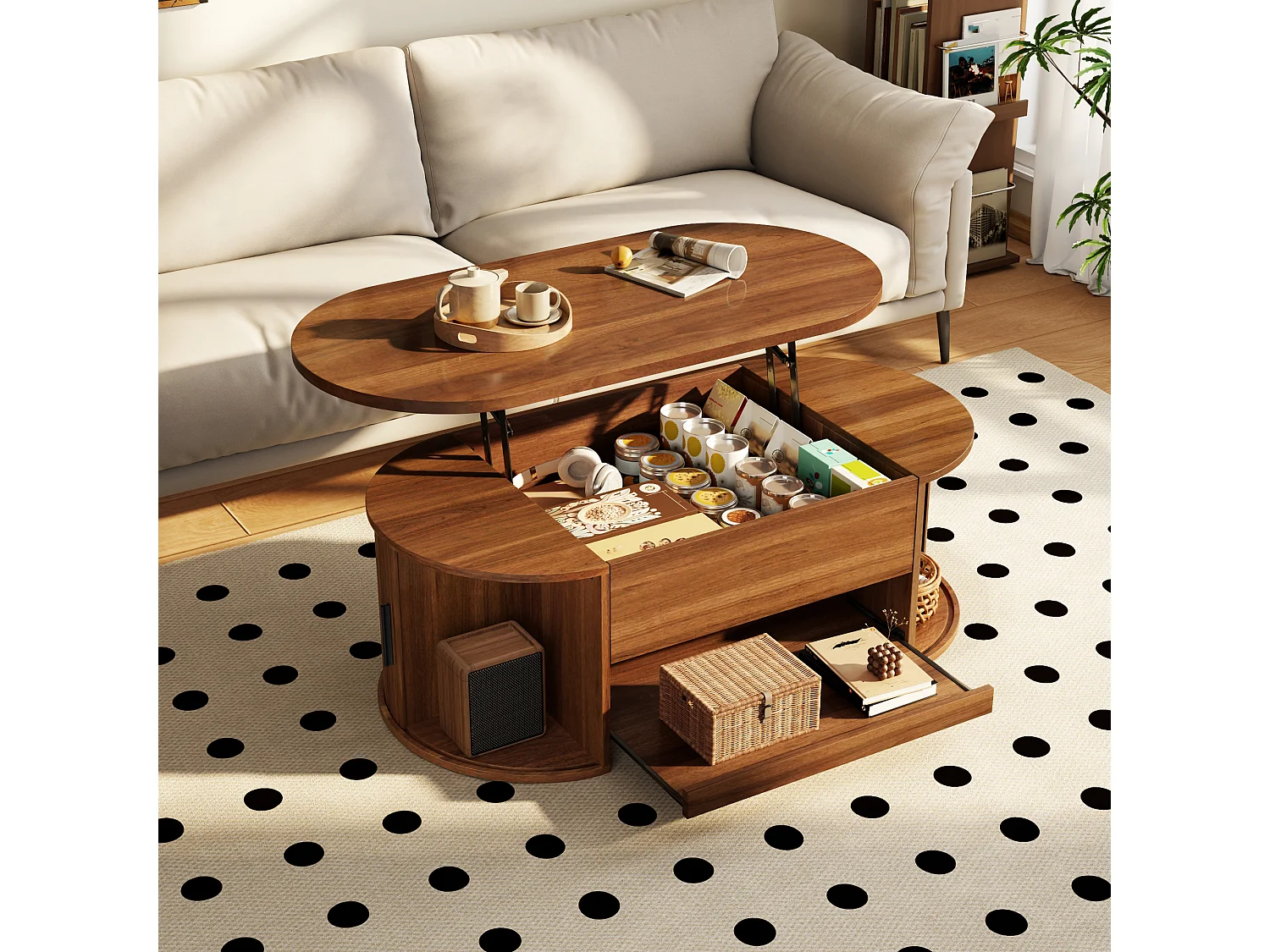 Tavolino da salotto ovale rialzabile 110x55x55cm - 2 ante scorrevoli e 1 ripiano scorrevole - Design testurato scanalato - MDF - Marrone