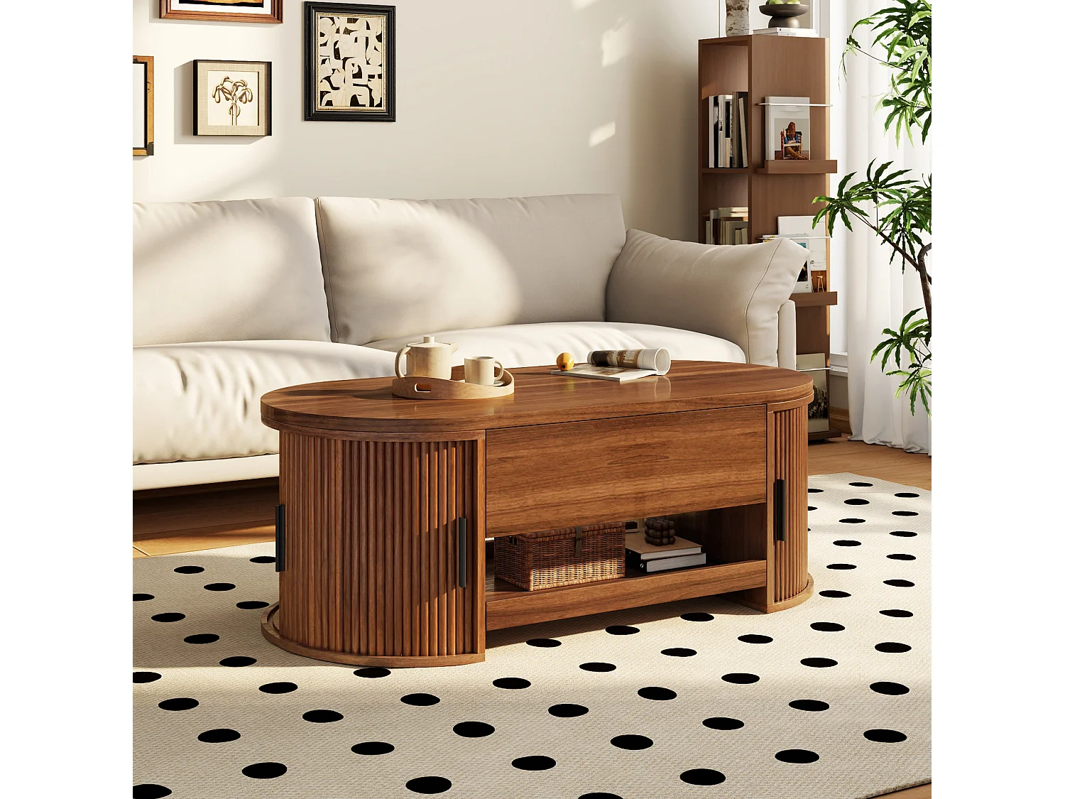 Tavolino da salotto ovale rialzabile 110x55x55cm - 2 ante scorrevoli e 1 ripiano scorrevole - Design testurato scanalato - MDF - Marrone