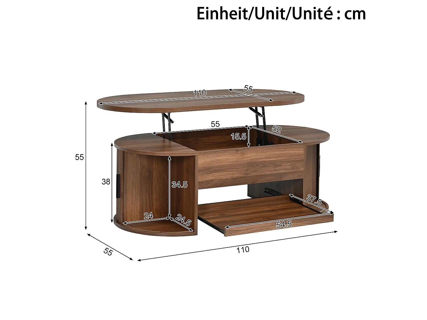 Tavolino da salotto ovale rialzabile 110x55x55cm - 2 ante scorrevoli e 1 ripiano scorrevole - Design testurato scanalato - MDF - Marrone