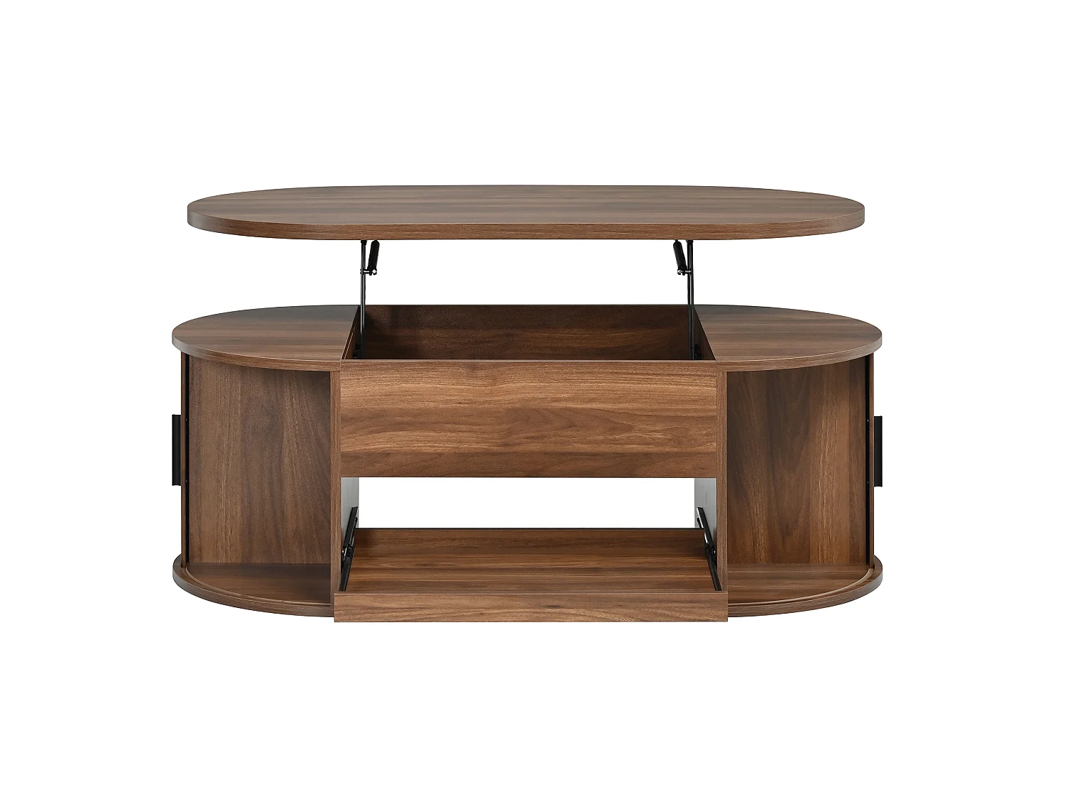 Tavolino da salotto ovale rialzabile 110x55x55cm - 2 ante scorrevoli e 1 ripiano scorrevole - Design testurato scanalato - MDF - Marrone