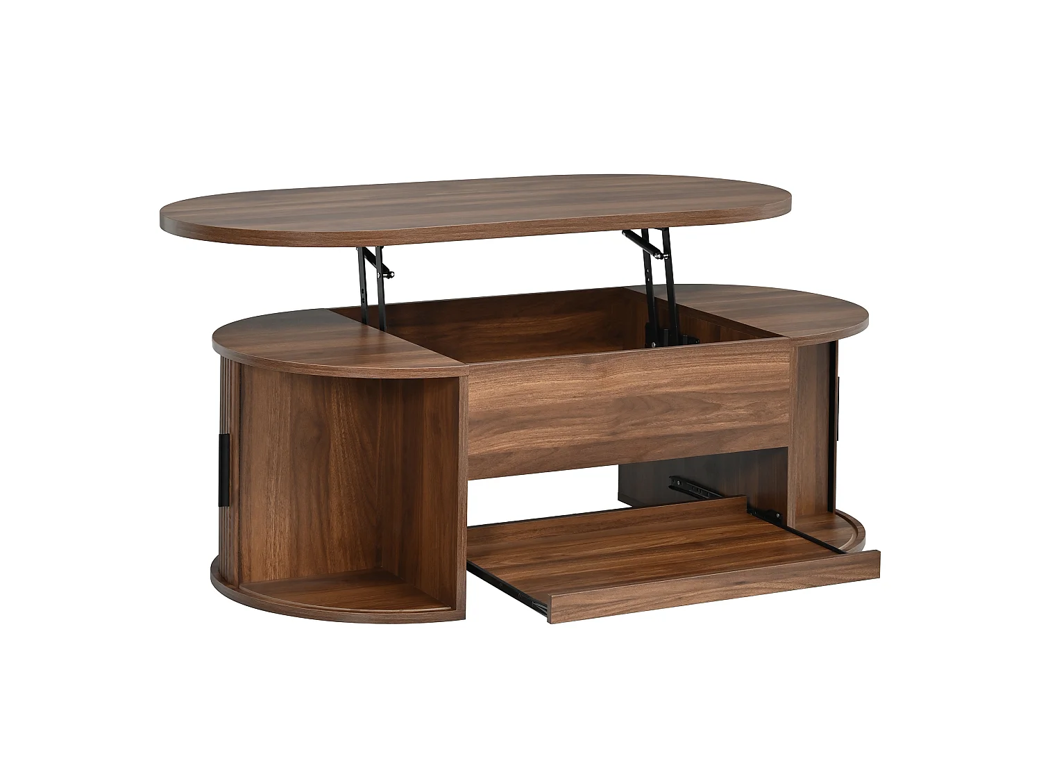 Tavolino da salotto ovale rialzabile 110x55x55cm - 2 ante scorrevoli e 1 ripiano scorrevole - Design testurato scanalato - MDF - Marrone