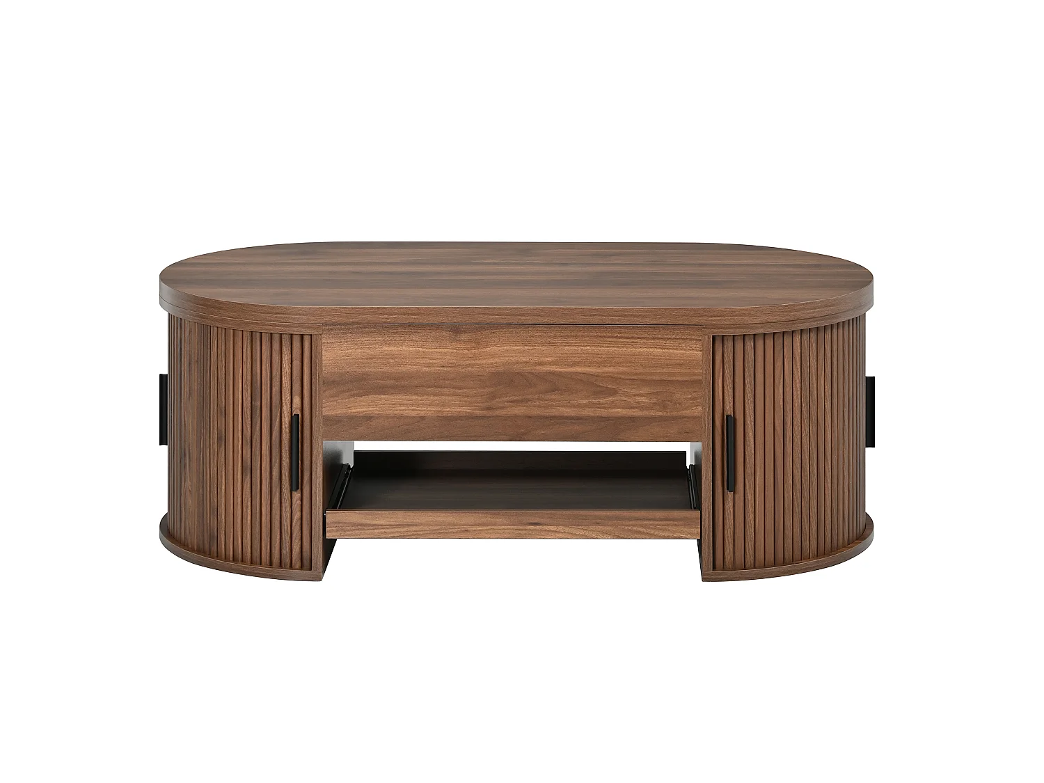 Tavolino da salotto ovale rialzabile 110x55x55cm - 2 ante scorrevoli e 1 ripiano scorrevole - Design testurato scanalato - MDF - Marrone