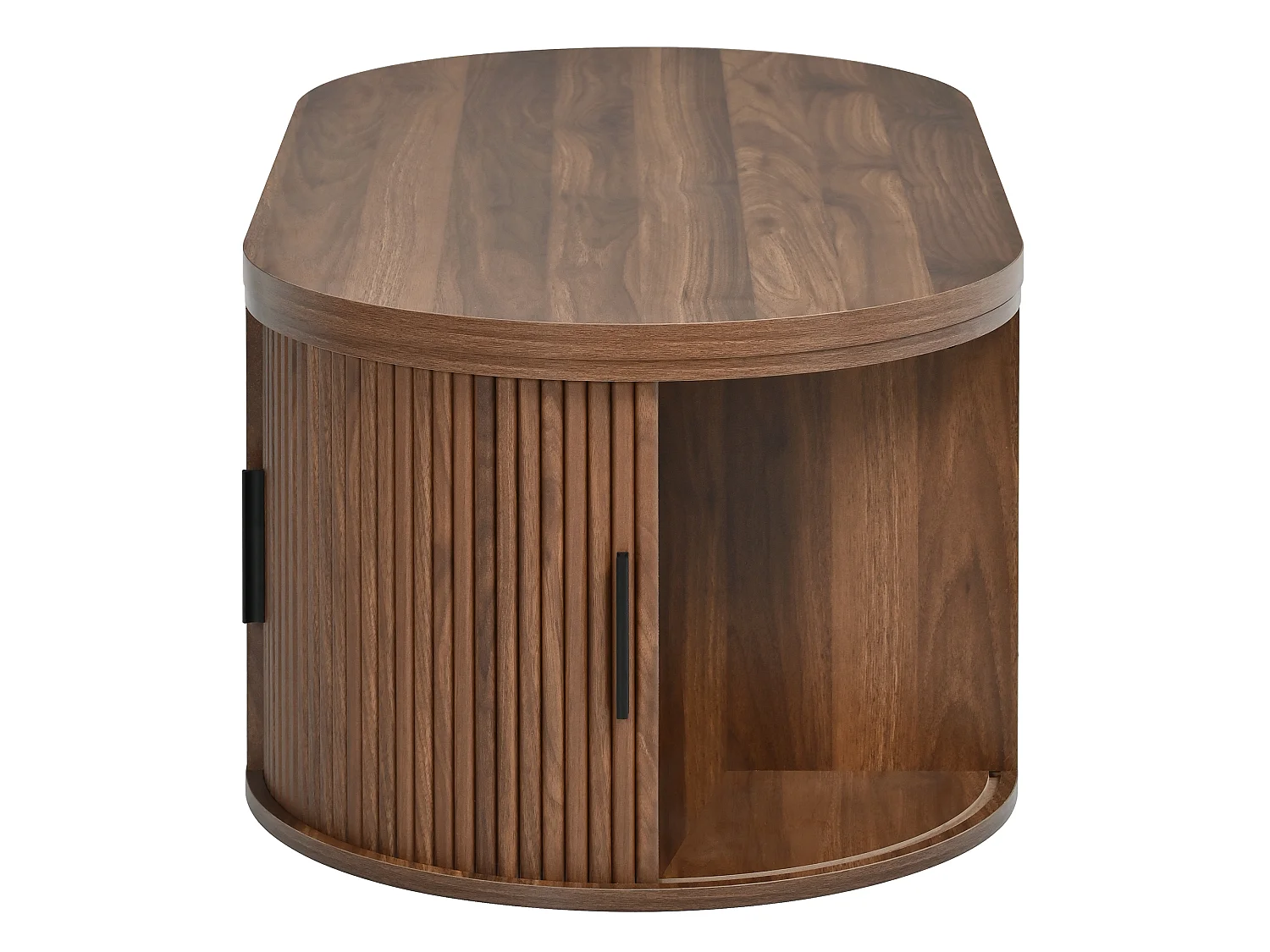 Tavolino da salotto ovale rialzabile 110x55x55cm - 2 ante scorrevoli e 1 ripiano scorrevole - Design testurato scanalato - MDF - Marrone