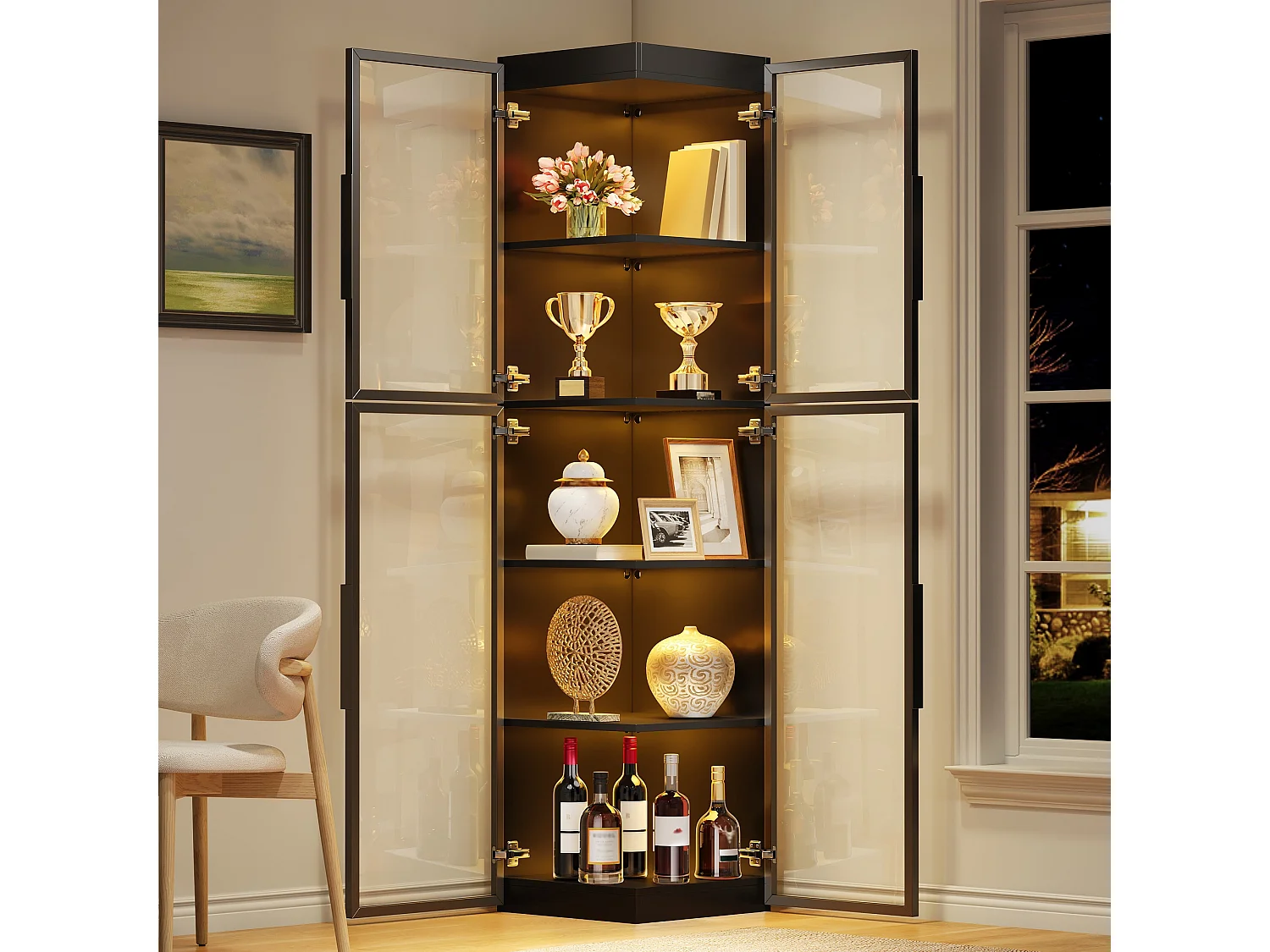 Vitrine de 170 cm de haut avec éclairage LED - Avec 2 portes et 5 étagères - Acrylique transparent - MDF - Noir