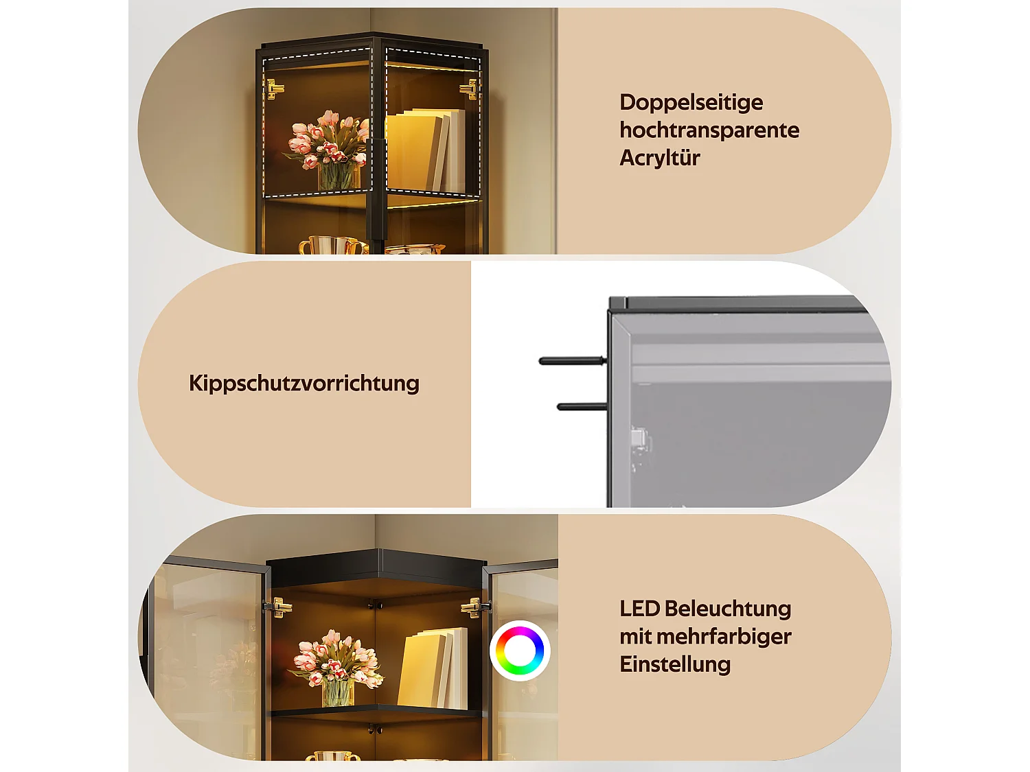 Vitrine de 170 cm de haut avec éclairage LED - Avec 2 portes et 5 étagères - Acrylique transparent - MDF - Noir