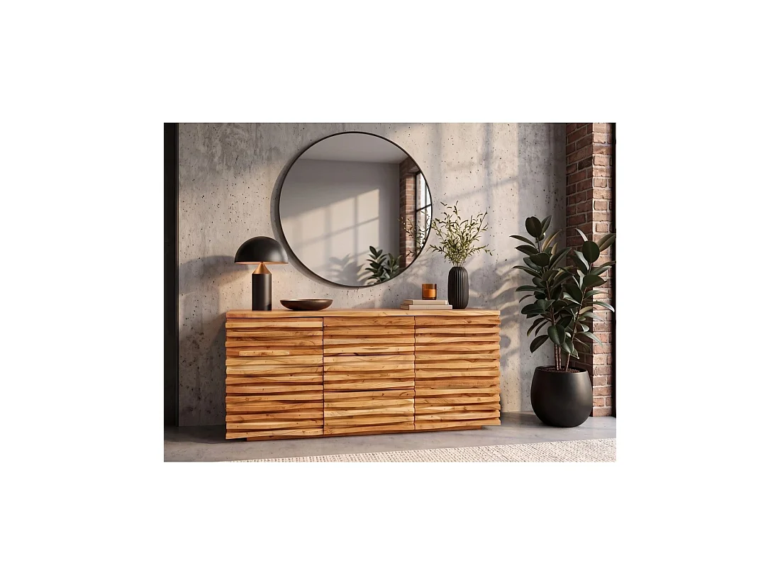 Buffet SAVANA 160 cm en madera maciza de acacia barnizada – 2 puertas, 3 cajones y frentes esculpidos