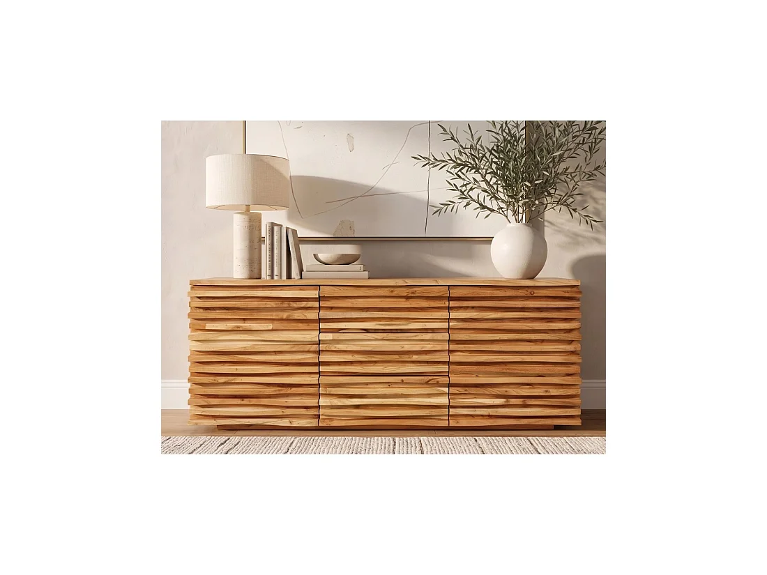 Buffet SAVANA 160 cm en madera maciza de acacia barnizada – 2 puertas, 3 cajones y frentes esculpidos
