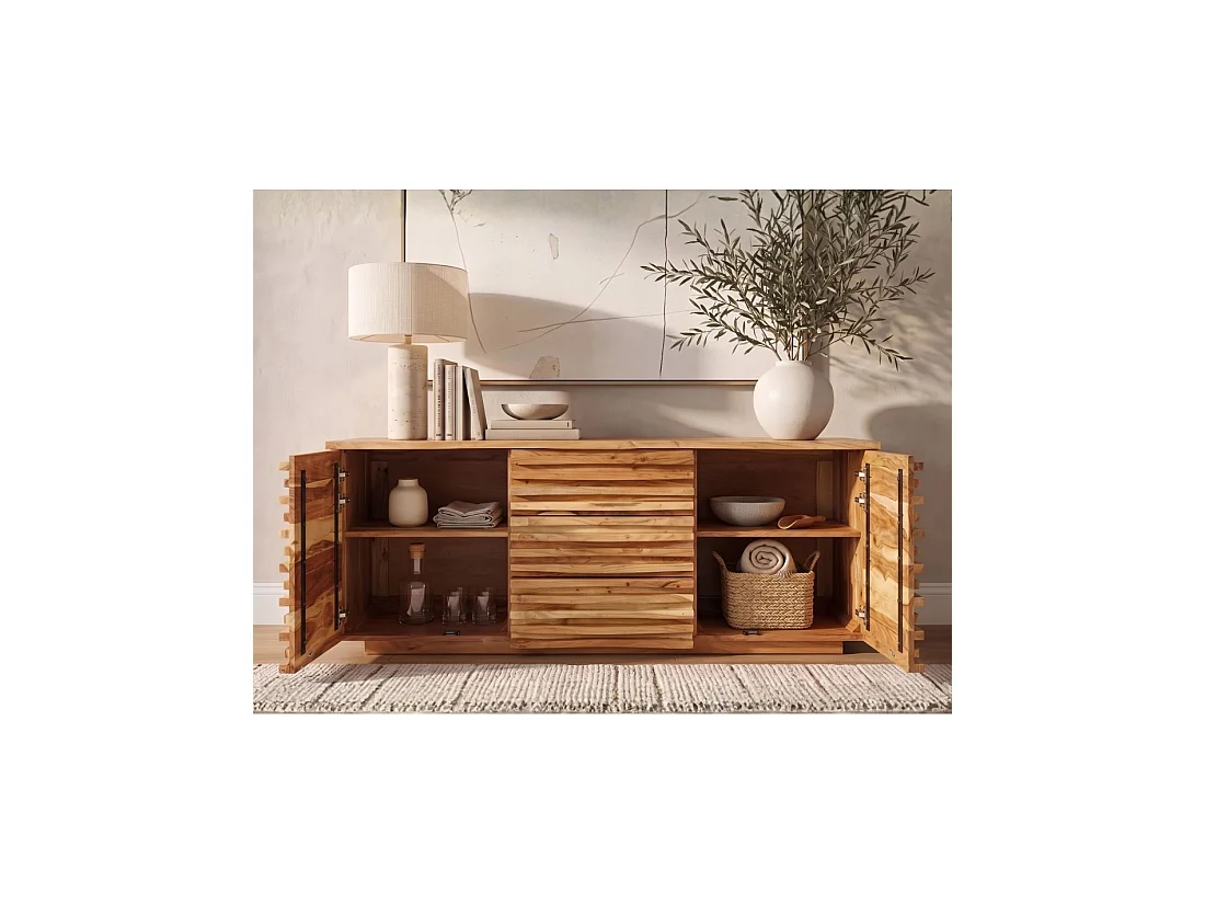 Buffet SAVANA 160 cm en madera maciza de acacia barnizada – 2 puertas, 3 cajones y frentes esculpidos