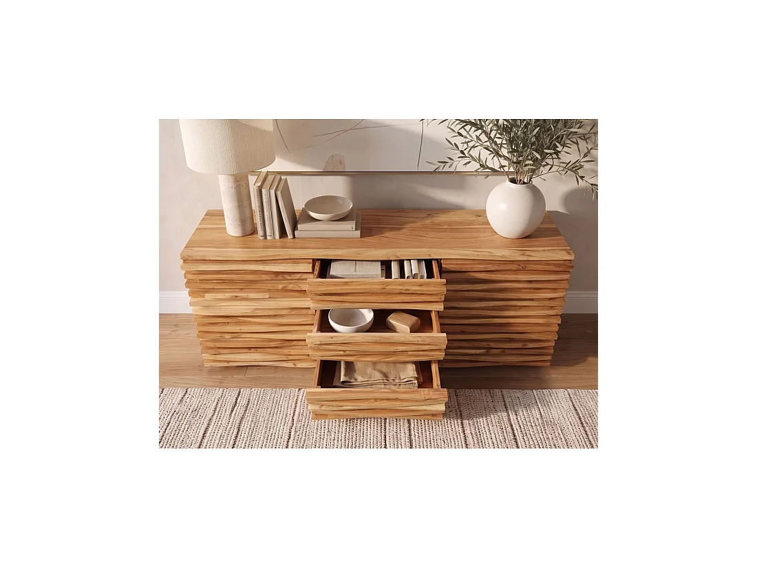 Buffet SAVANA 160 cm en madera maciza de acacia barnizada – 2 puertas, 3 cajones y frentes esculpidos