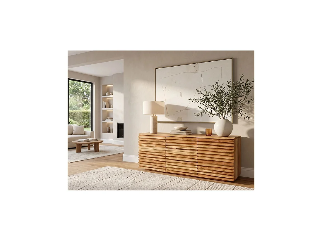 Buffet SAVANA 160 cm en madera maciza de acacia barnizada – 2 puertas, 3 cajones y frentes esculpidos