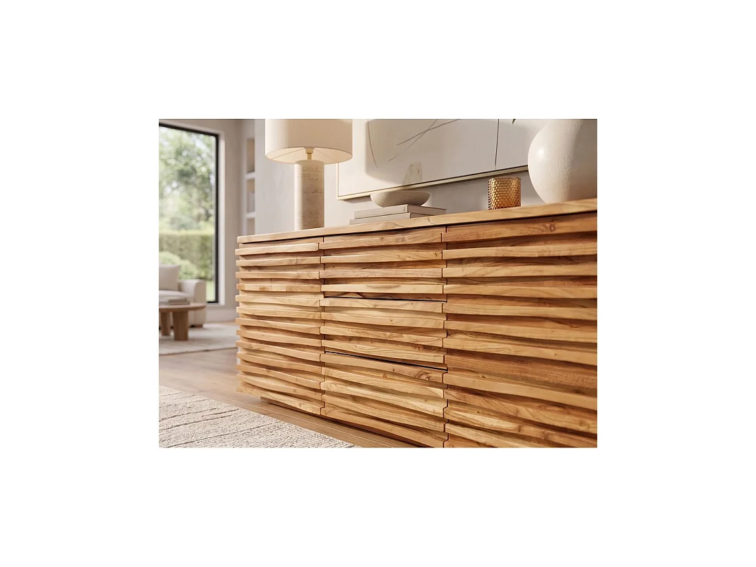 Buffet SAVANA 160 cm en madera maciza de acacia barnizada – 2 puertas, 3 cajones y frentes esculpidos