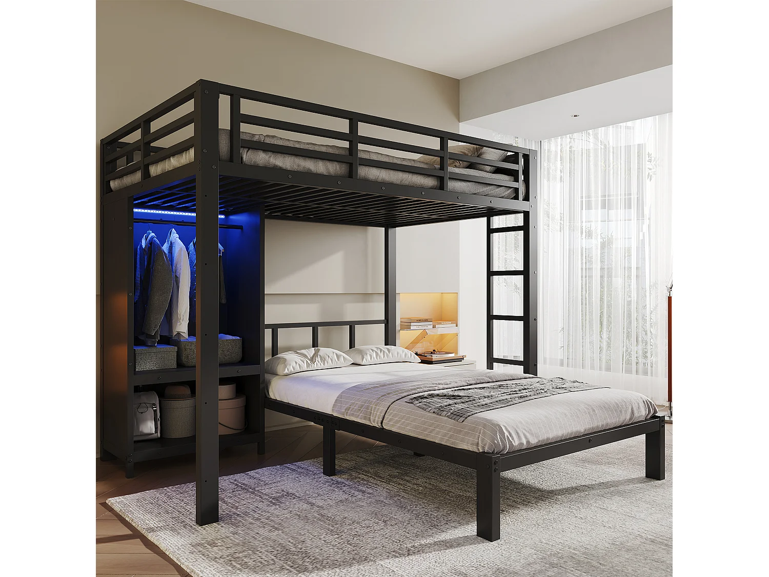 Lit superposé 120x200 cm - avec armoire et éclairage LED - avec une échelle droite - Noir (sans matelas)