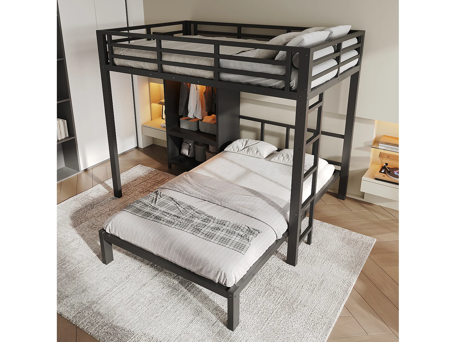 Lit superposé 120x200 cm - avec armoire et éclairage LED - avec une échelle droite - Noir (sans matelas)
