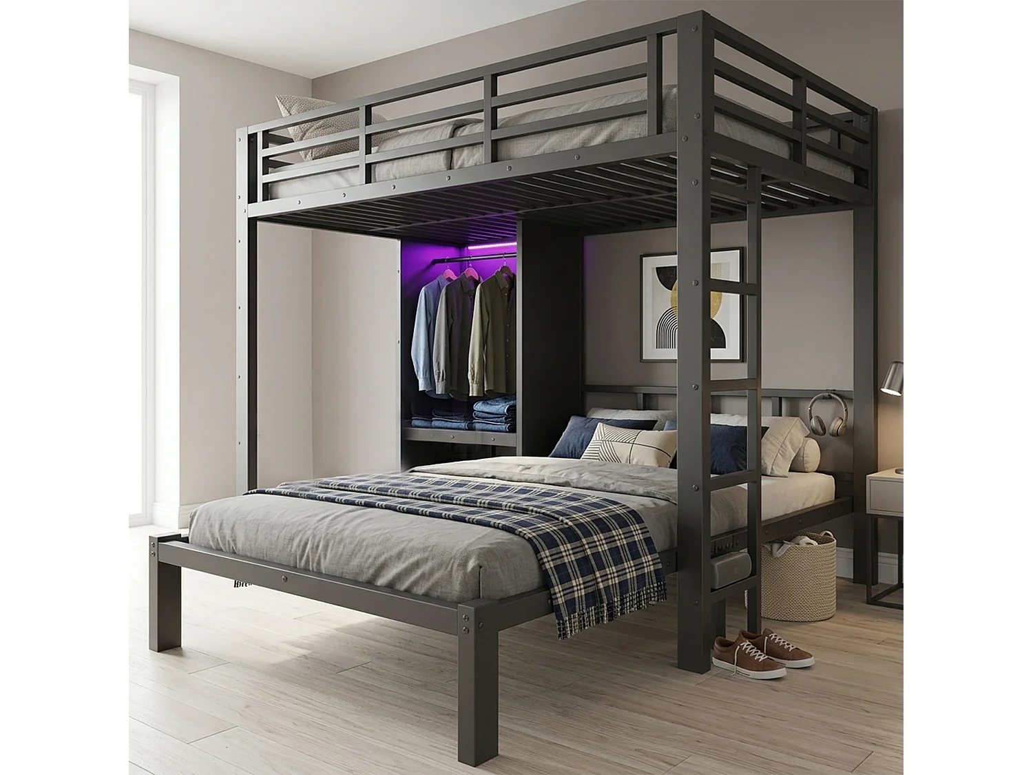 Lit superposé 120x200 cm - avec armoire et éclairage LED - avec une échelle droite - Noir (sans matelas)