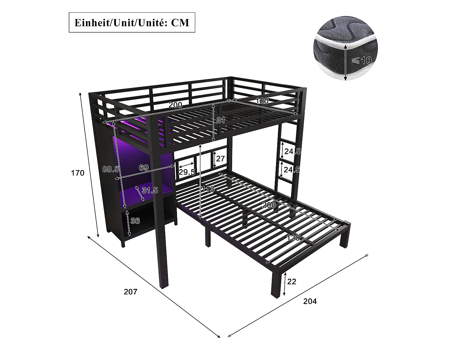 Lit superposé 120x200 cm - avec armoire et éclairage LED - avec une échelle droite - Noir (sans matelas)