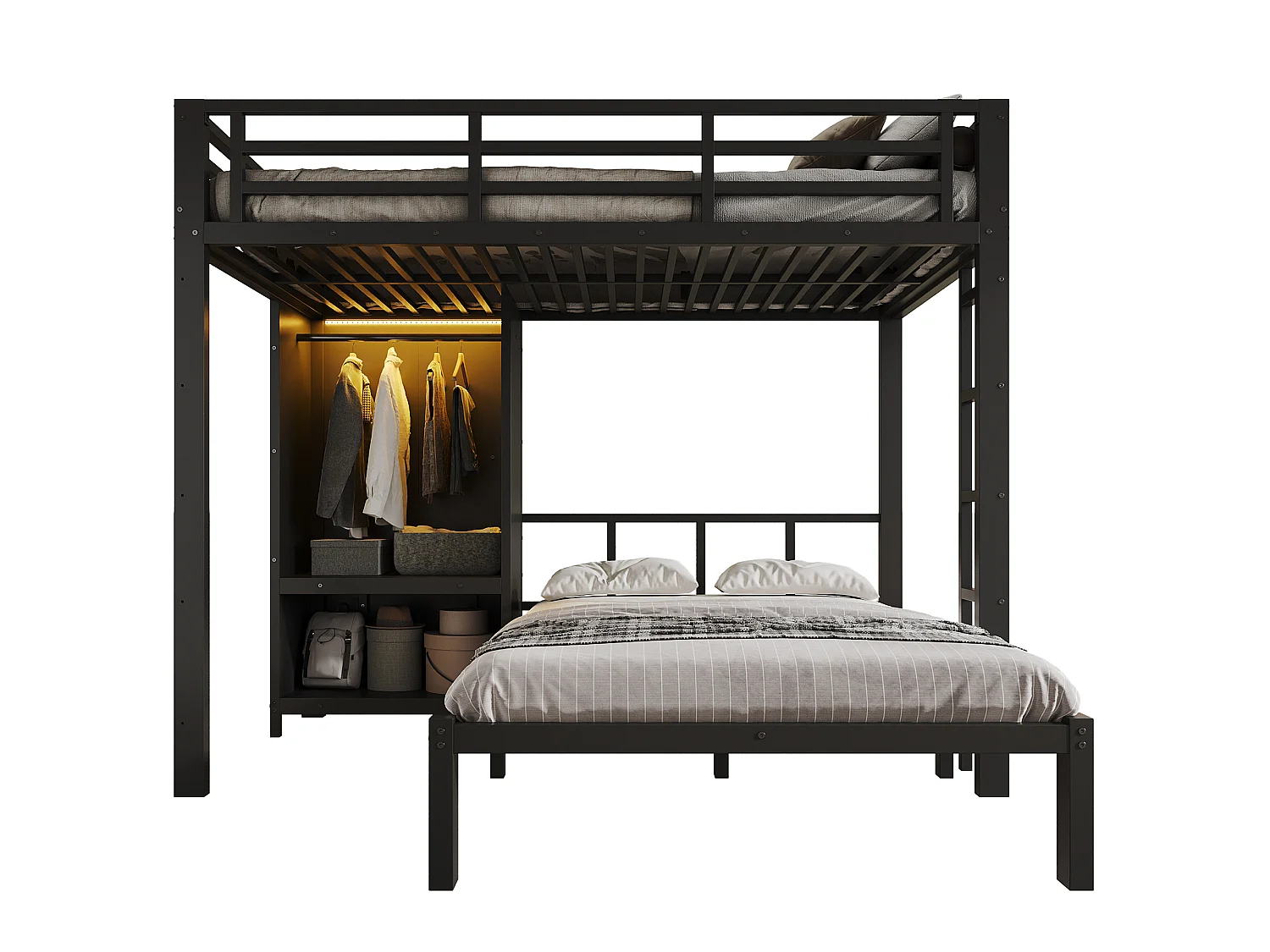 Lit superposé 120x200 cm - avec armoire et éclairage LED - avec une échelle droite - Noir (sans matelas)
