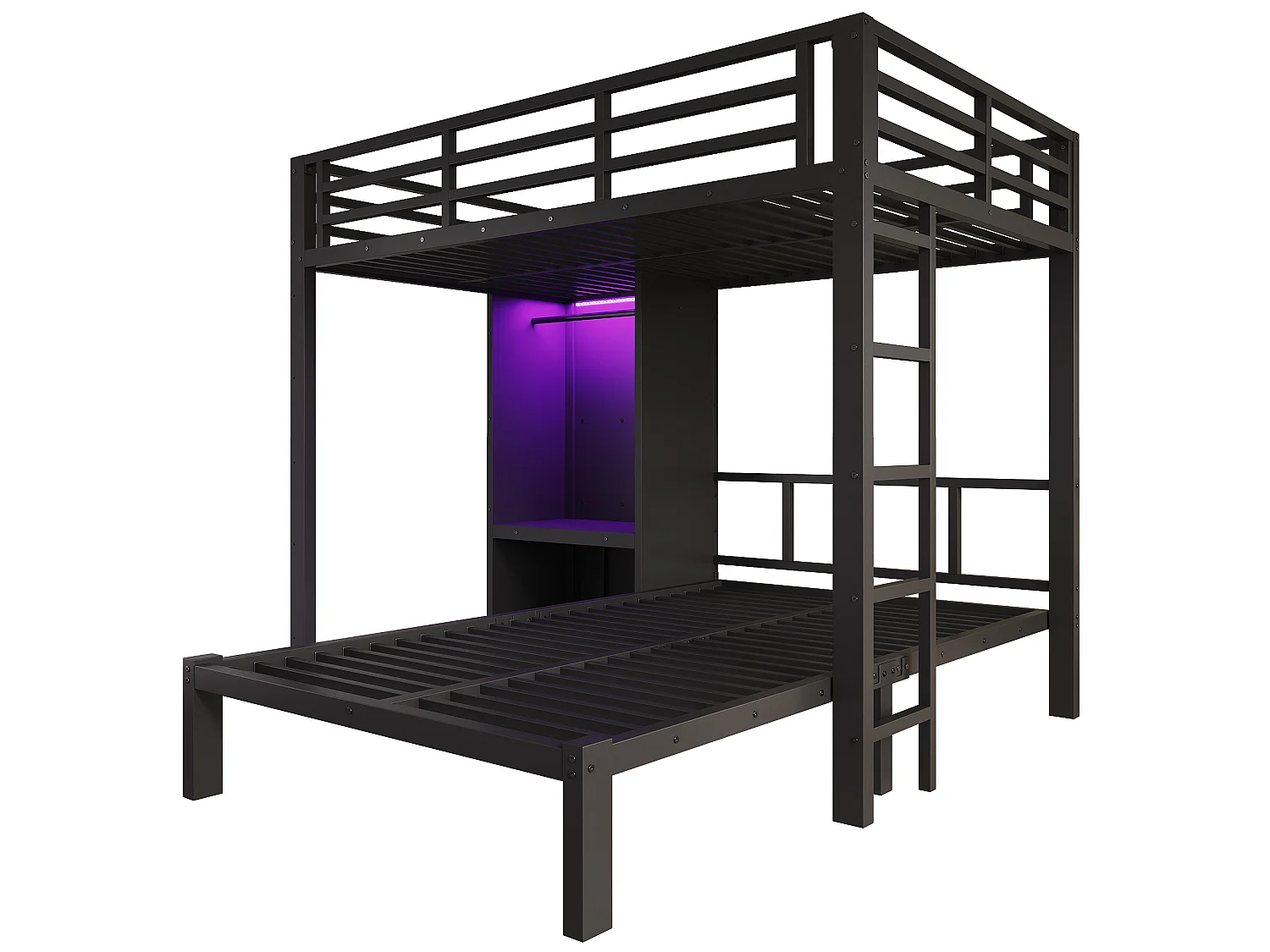 Lit superposé 120x200 cm - avec armoire et éclairage LED - avec une échelle droite - Noir (sans matelas)