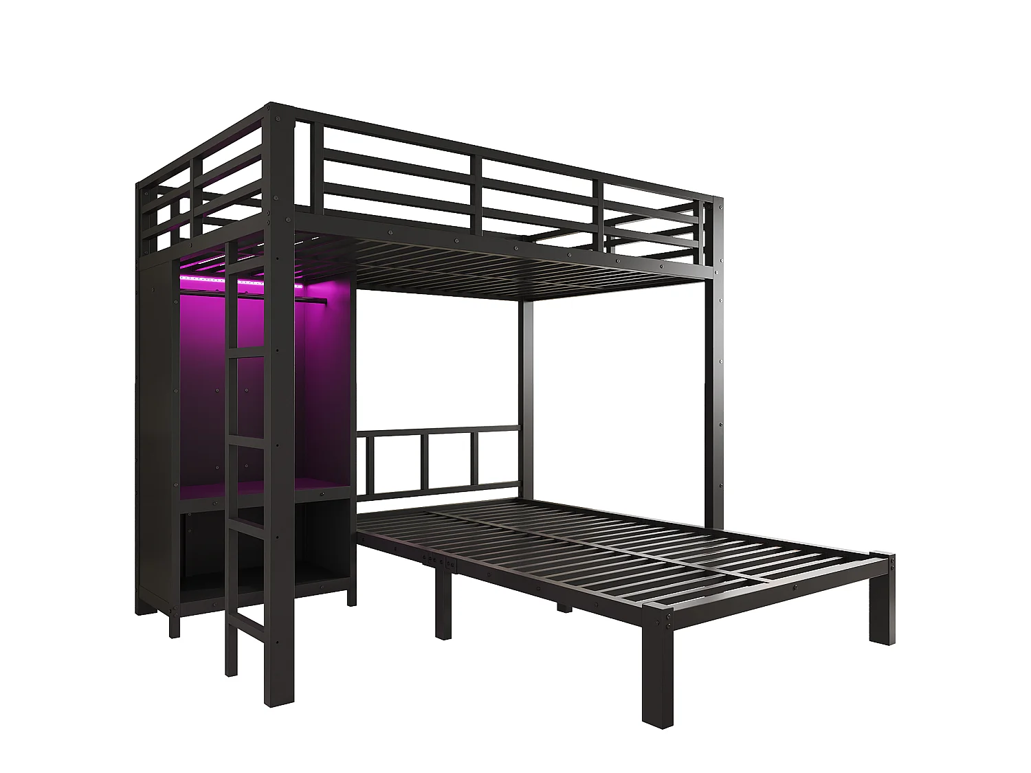 Lit superposé 120x200 cm - avec armoire et éclairage LED - avec une échelle droite - Noir (sans matelas)