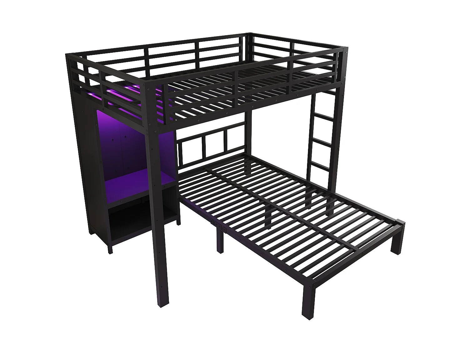 Lit superposé 120x200 cm - avec armoire et éclairage LED - avec une échelle droite - Noir (sans matelas)