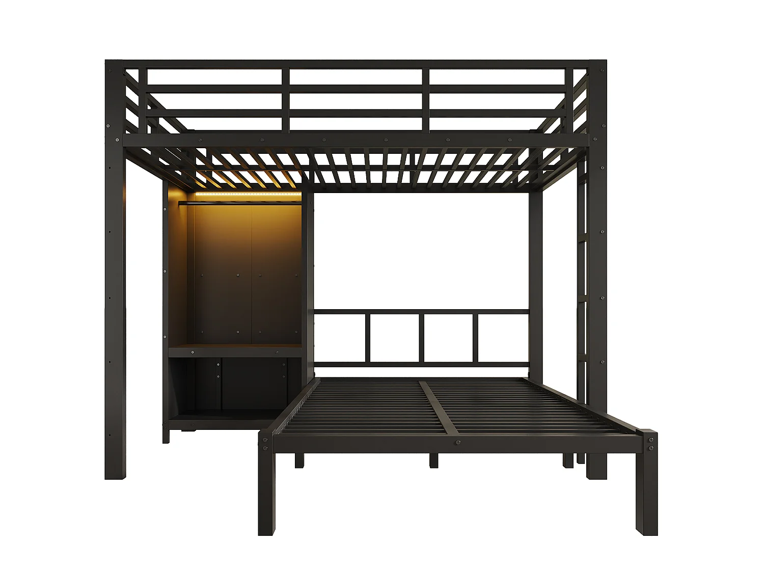 Lit superposé 120x200 cm - avec armoire et éclairage LED - avec une échelle droite - Noir (sans matelas)