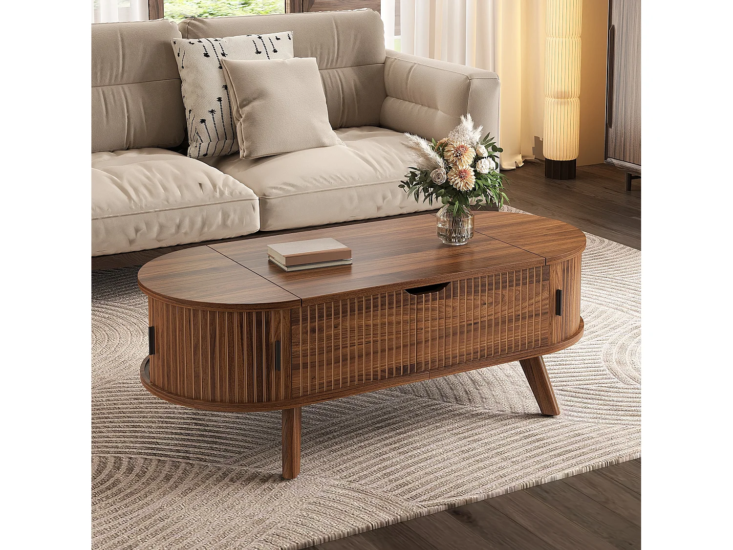 Moderne oval hævebord - justerbar bordpladehøjde - skjult opbevaring - 2 skydedøre - MDF - Brun