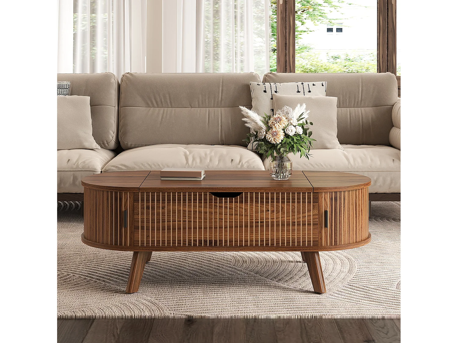 Moderne oval hævebord - justerbar bordpladehøjde - skjult opbevaring - 2 skydedøre - MDF - Brun