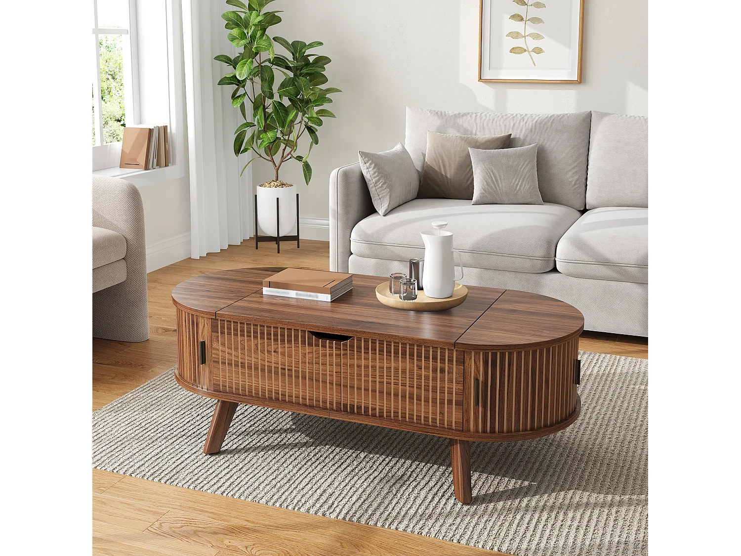 Moderne oval hævebord - justerbar bordpladehøjde - skjult opbevaring - 2 skydedøre - MDF - Brun