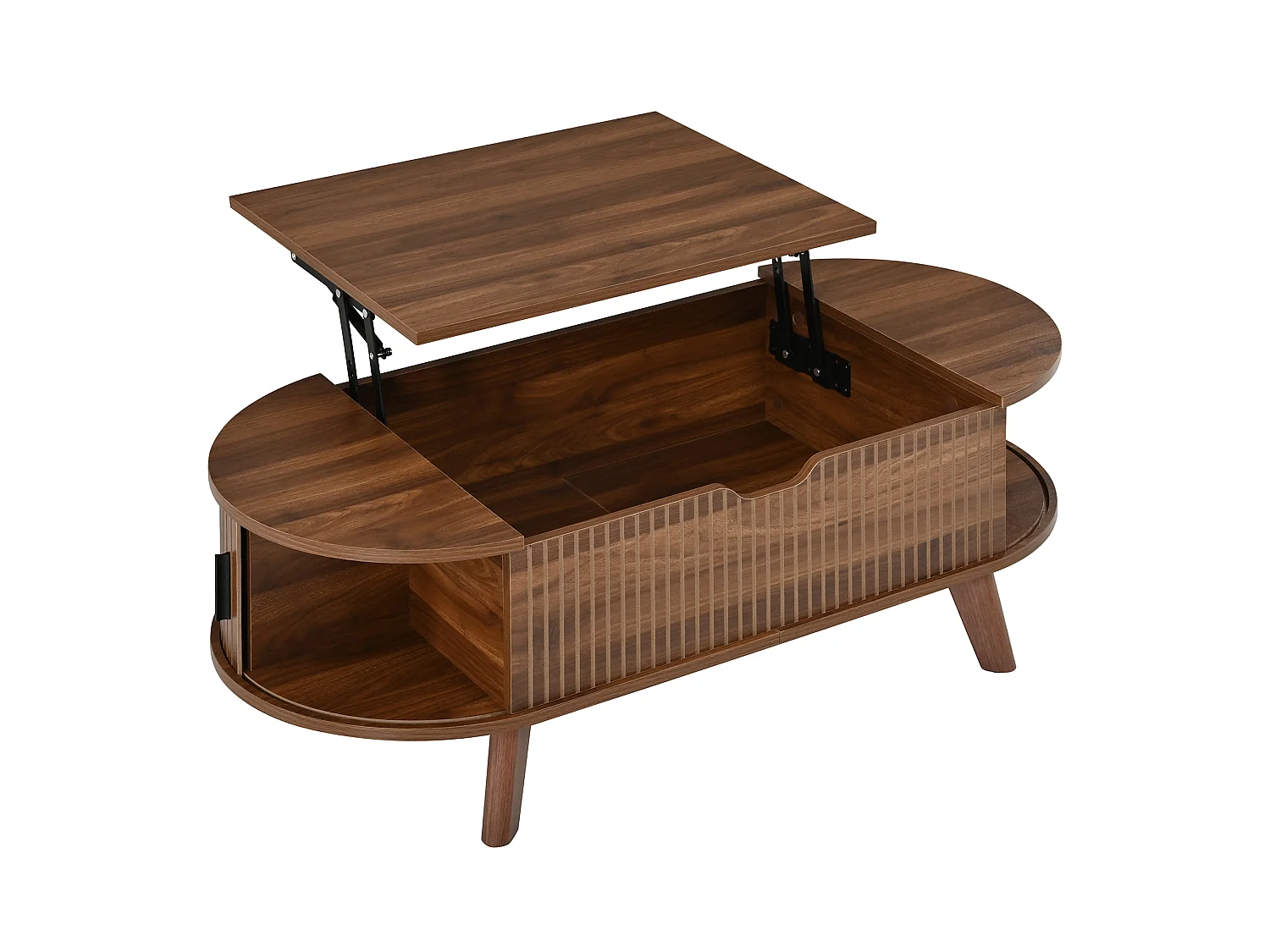 Moderne oval hævebord - justerbar bordpladehøjde - skjult opbevaring - 2 skydedøre - MDF - Brun