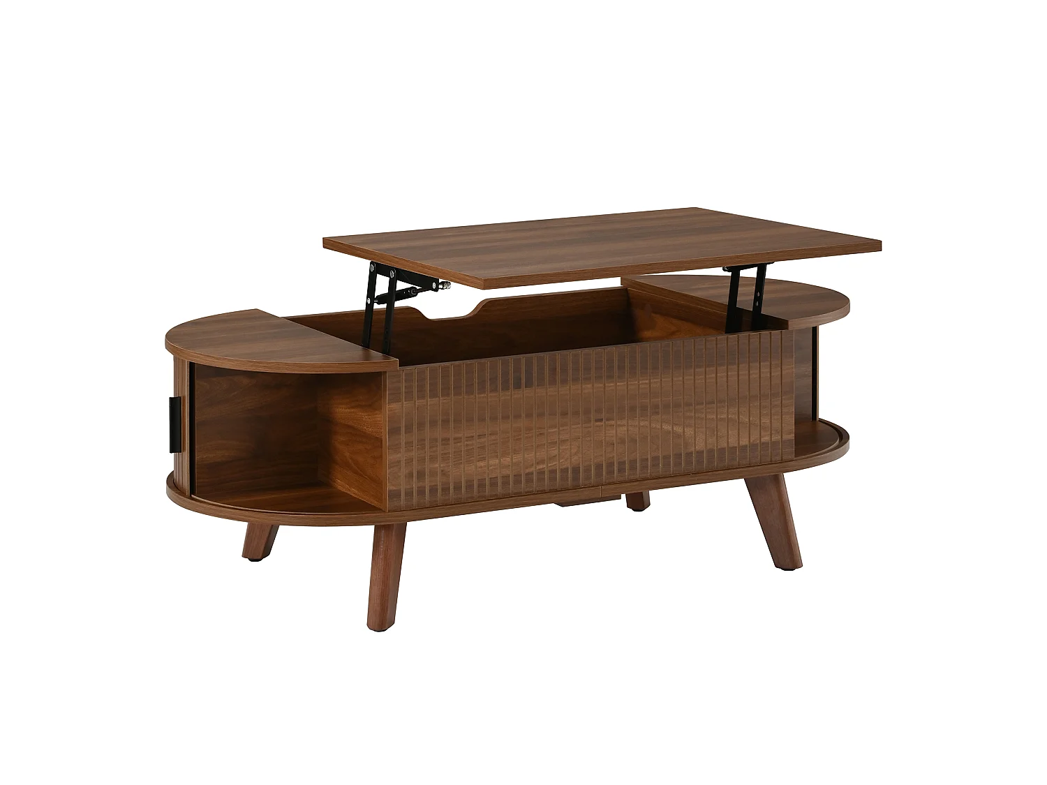 Moderne oval hævebord - justerbar bordpladehøjde - skjult opbevaring - 2 skydedøre - MDF - Brun