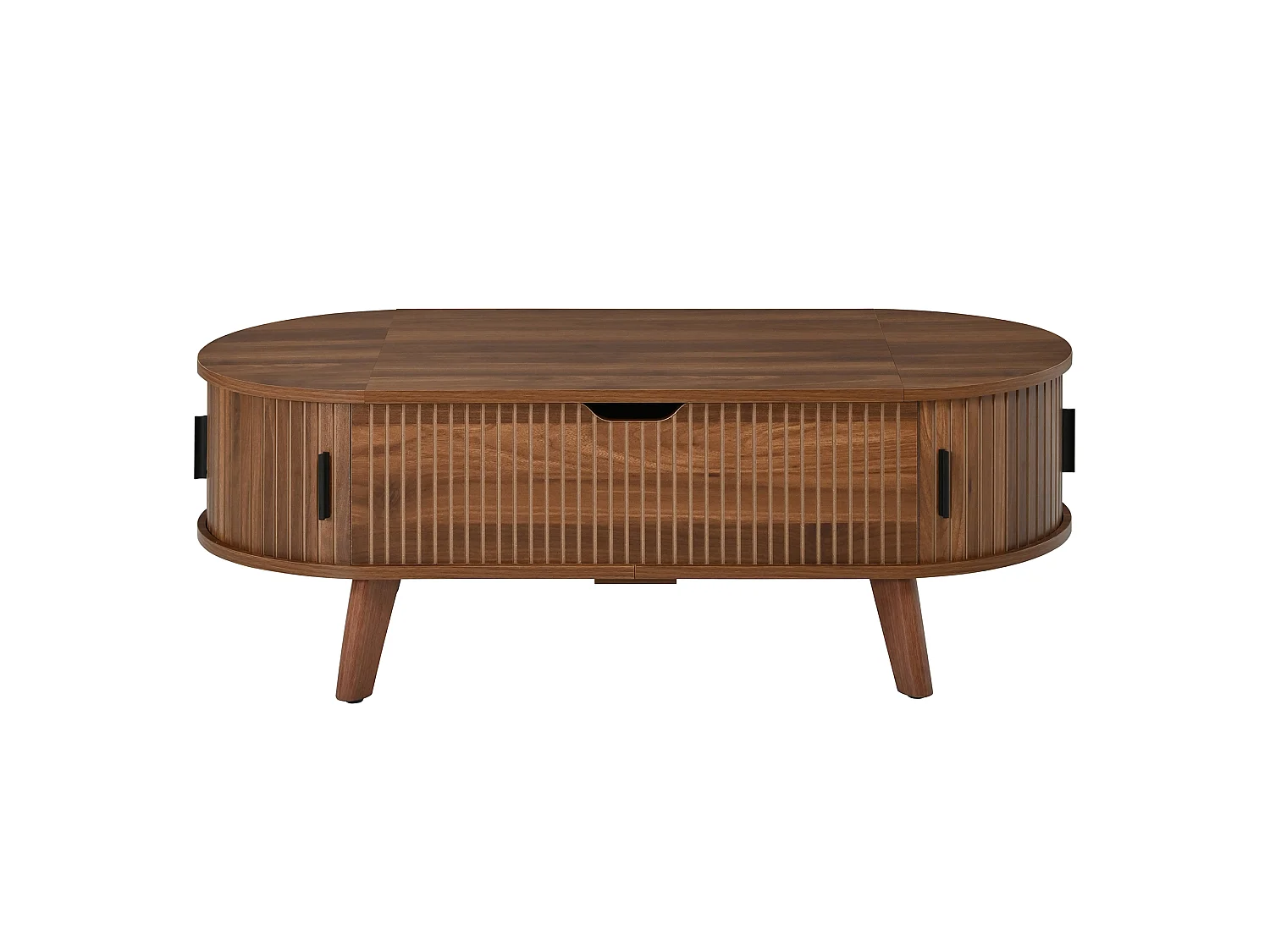 Moderne oval hævebord - justerbar bordpladehøjde - skjult opbevaring - 2 skydedøre - MDF - Brun