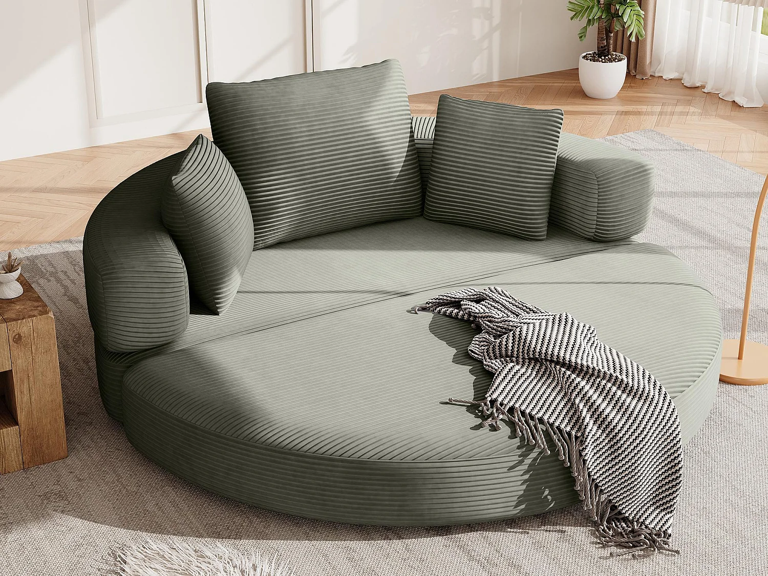 Sofá redondo plegable de 173x176x40 cm - con cojín - tejido de pana - Verde