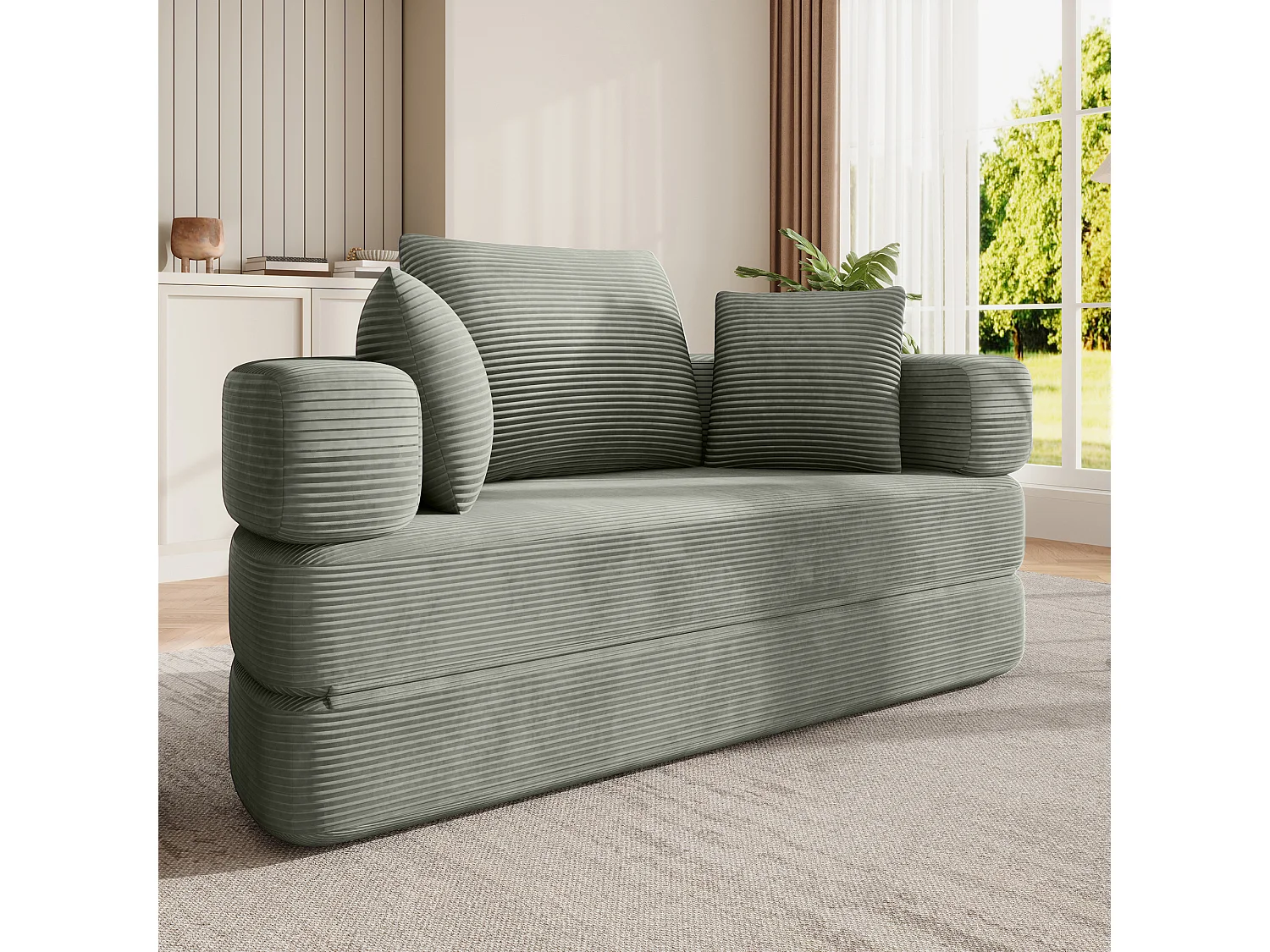 Sofá redondo plegable de 173x176x40 cm - con cojín - tejido de pana - Verde