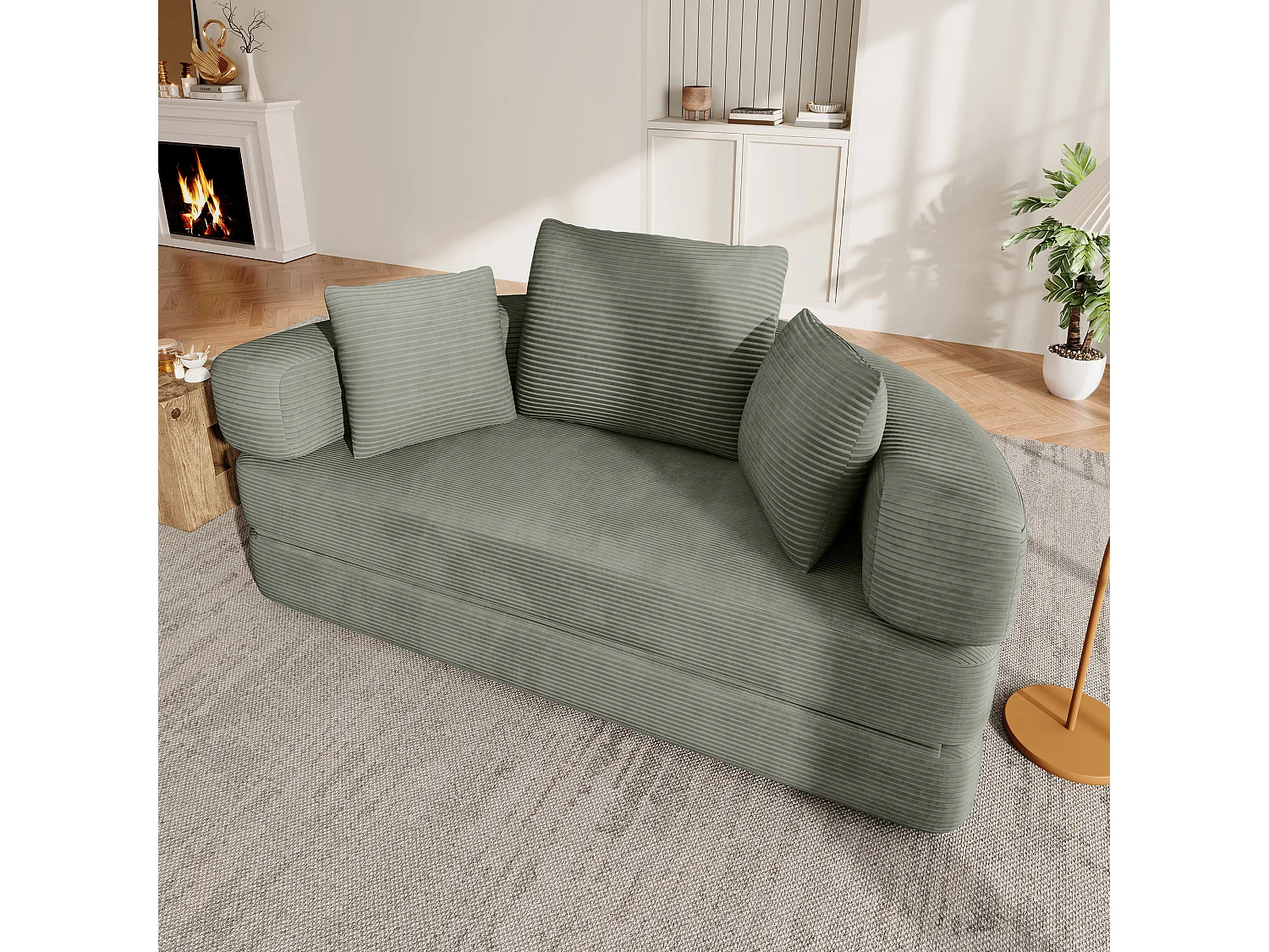 Sofá redondo plegable de 173x176x40 cm - con cojín - tejido de pana - Verde