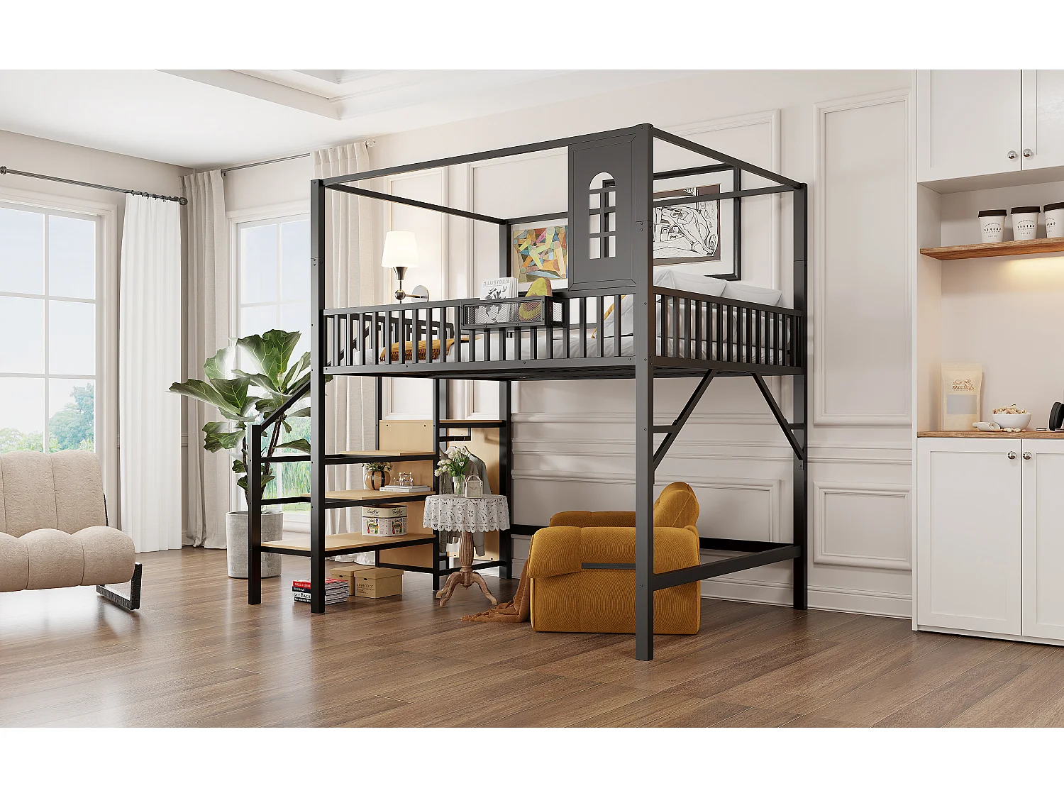 Metalen hoogslaper 140 x 200 cm - met veiligheidsladder - met leuningen - met opbergruimte - zwart (matras niet inbegrepen)