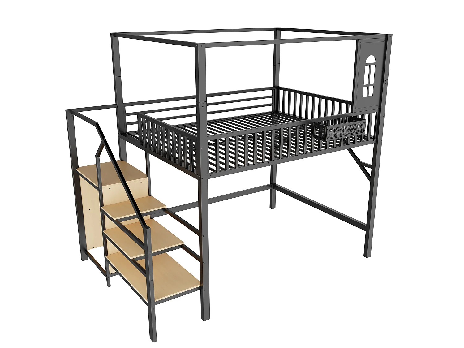 Metalen hoogslaper 140 x 200 cm - met veiligheidsladder - met leuningen - met opbergruimte - zwart (matras niet inbegrepen)