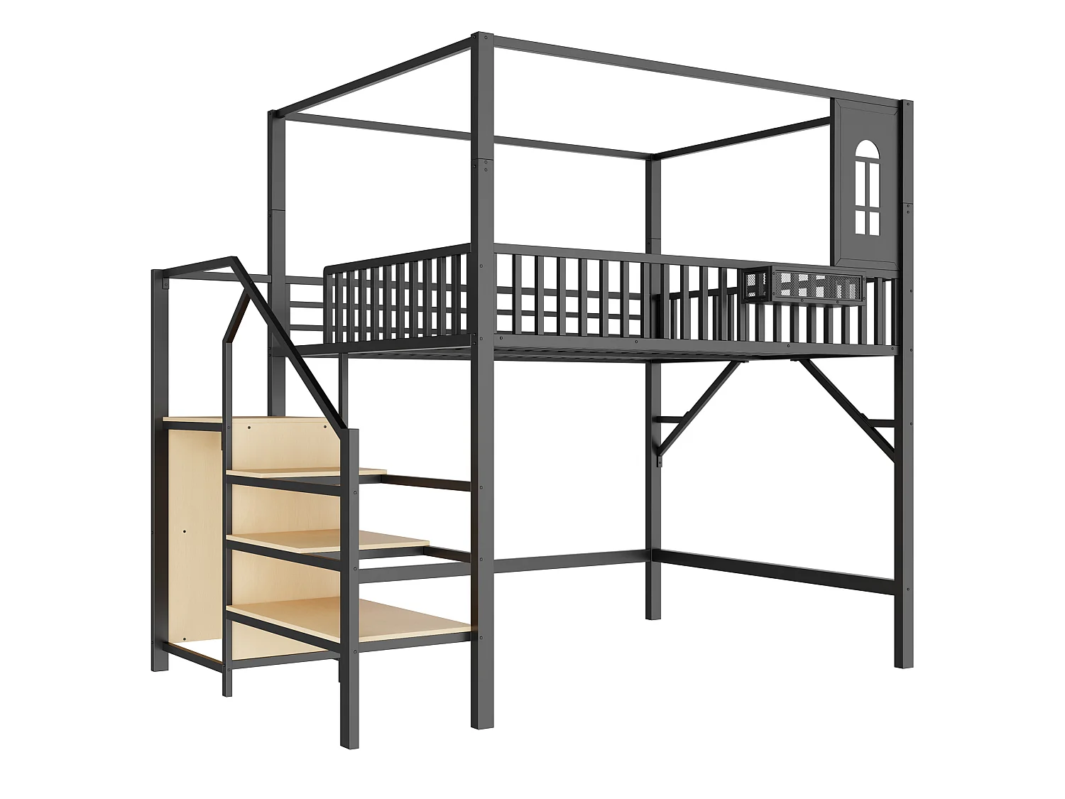 Metalen hoogslaper 140 x 200 cm - met veiligheidsladder - met leuningen - met opbergruimte - zwart (matras niet inbegrepen)