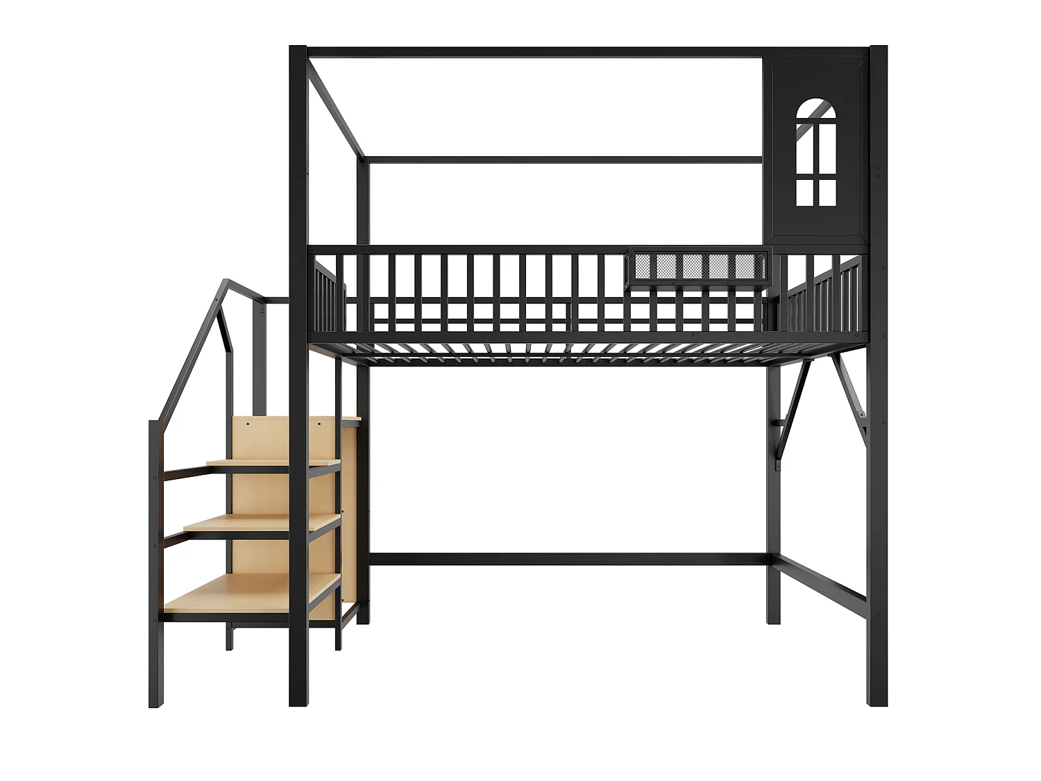 Metalen hoogslaper 140 x 200 cm - met veiligheidsladder - met leuningen - met opbergruimte - zwart (matras niet inbegrepen)