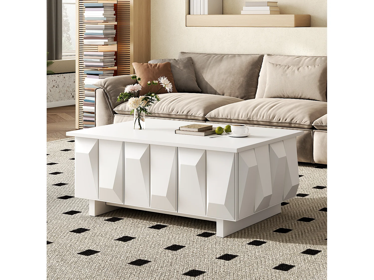 Tavolino basso moderno con contenitore - 3 ante - Pannello testurizzato 3D - 95x67x39.5cm - Pannelli di particelle - Bianco