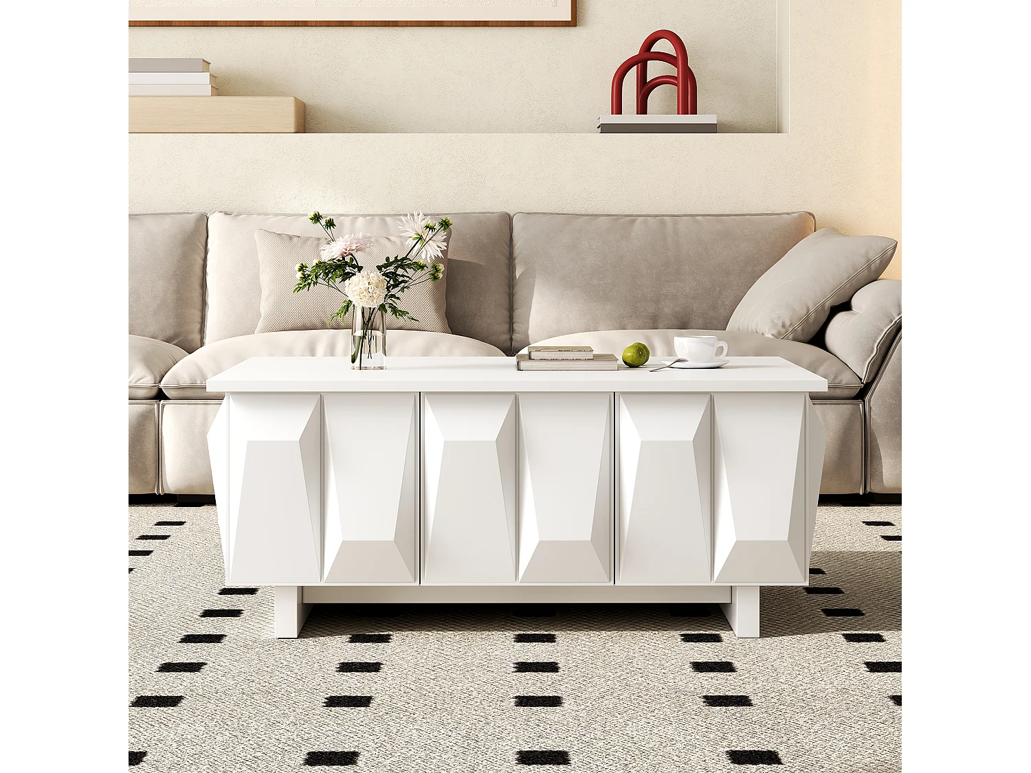 Tavolino basso moderno con contenitore - 3 ante - Pannello testurizzato 3D - 95x67x39.5cm - Pannelli di particelle - Bianco