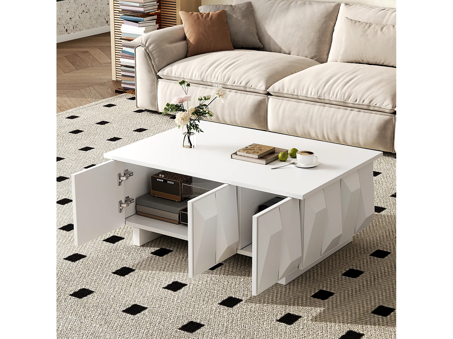 Tavolino basso moderno con contenitore - 3 ante - Pannello testurizzato 3D - 95x67x39.5cm - Pannelli di particelle - Bianco