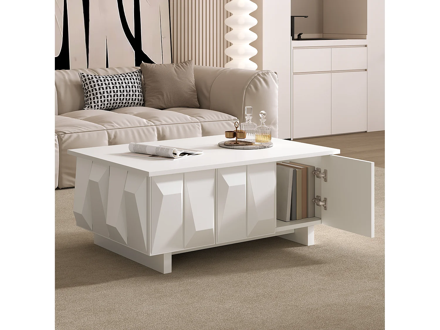 Tavolino basso moderno con contenitore - 3 ante - Pannello testurizzato 3D - 95x67x39.5cm - Pannelli di particelle - Bianco
