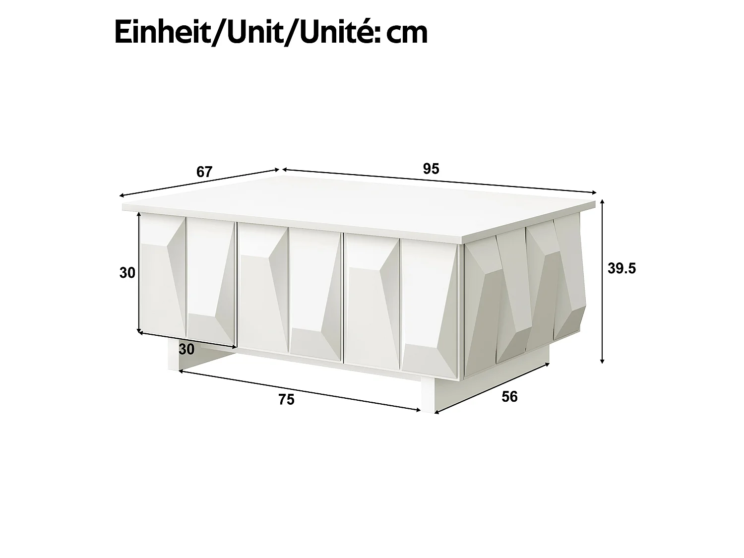 Tavolino basso moderno con contenitore - 3 ante - Pannello testurizzato 3D - 95x67x39.5cm - Pannelli di particelle - Bianco
