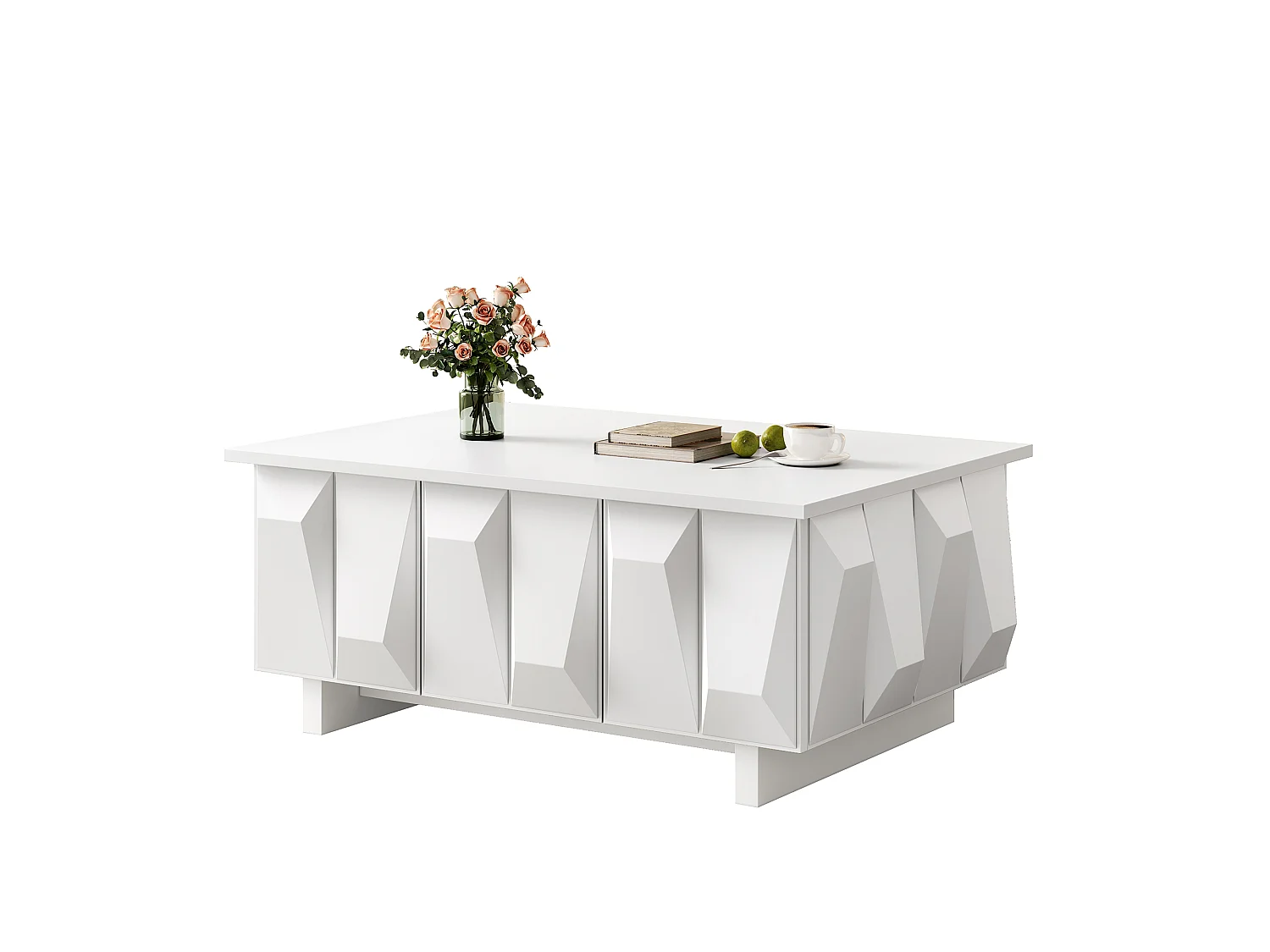 Tavolino basso moderno con contenitore - 3 ante - Pannello testurizzato 3D - 95x67x39.5cm - Pannelli di particelle - Bianco
