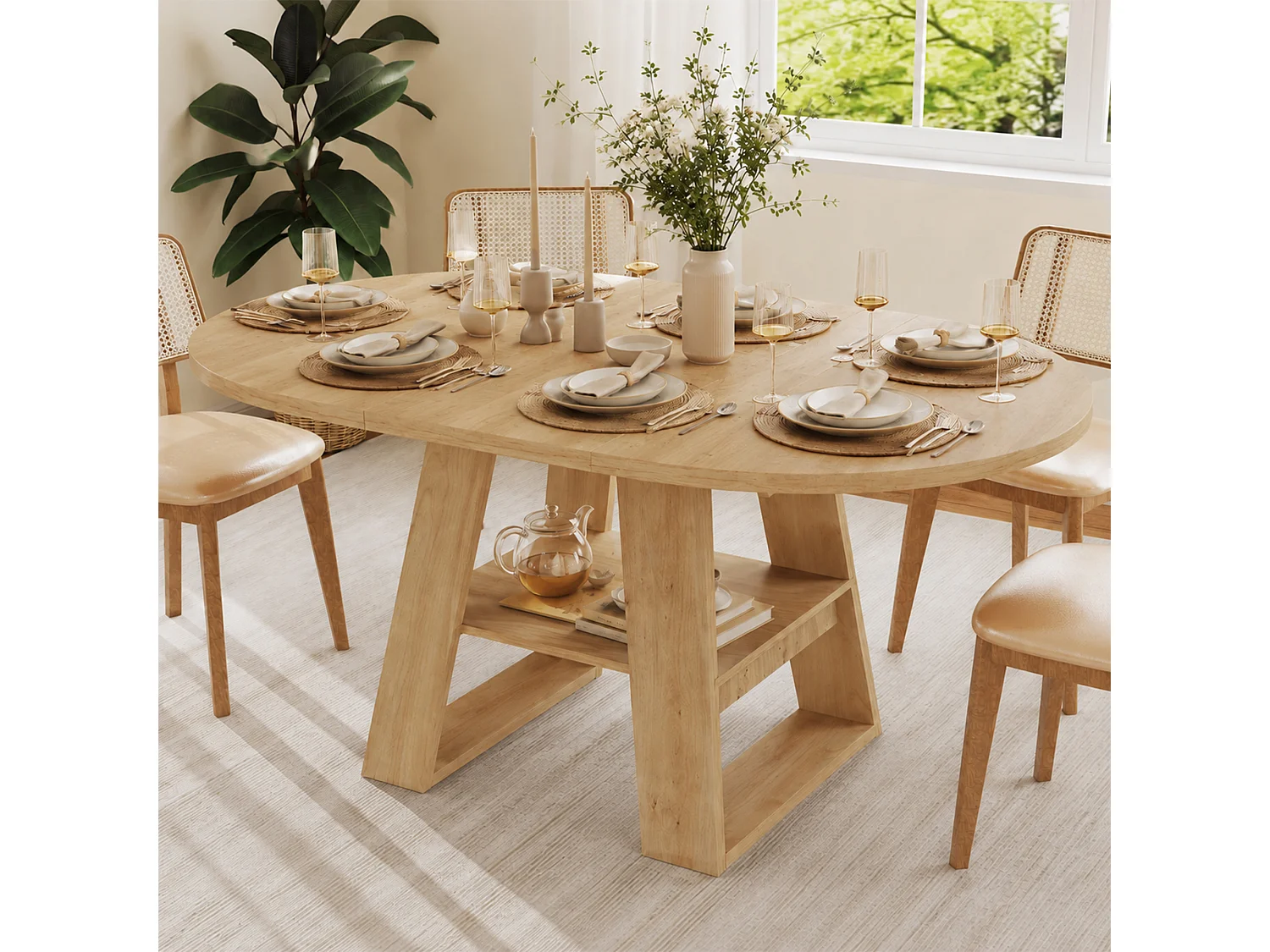 Mesa de comedor extensible 110/150x110 cm - Ideal para 4 a 6 personas - Mesa redonda - con almacenamiento y estantes - Natural