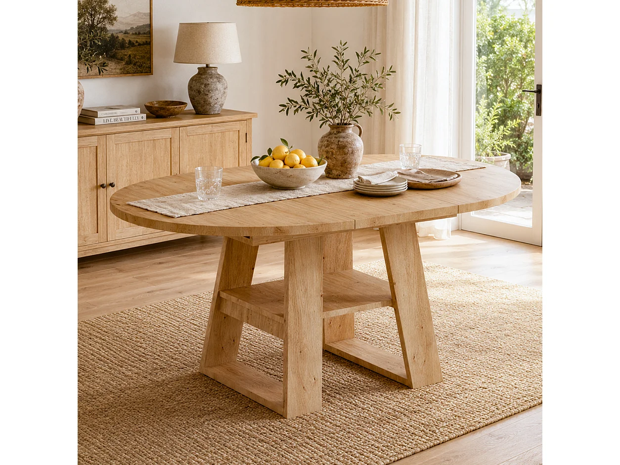 Mesa de comedor extensible 110/150x110 cm - Ideal para 4 a 6 personas - Mesa redonda - con almacenamiento y estantes - Natural