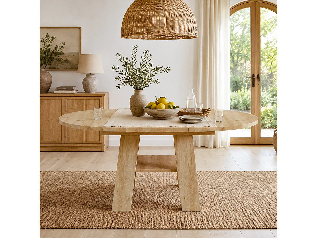 Mesa de comedor extensible 110/150x110 cm - Ideal para 4 a 6 personas - Mesa redonda - con almacenamiento y estantes - Natural