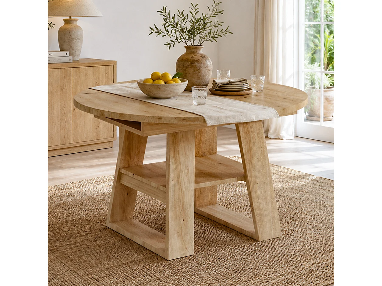 Mesa de comedor extensible 110/150x110 cm - Ideal para 4 a 6 personas - Mesa redonda - con almacenamiento y estantes - Natural