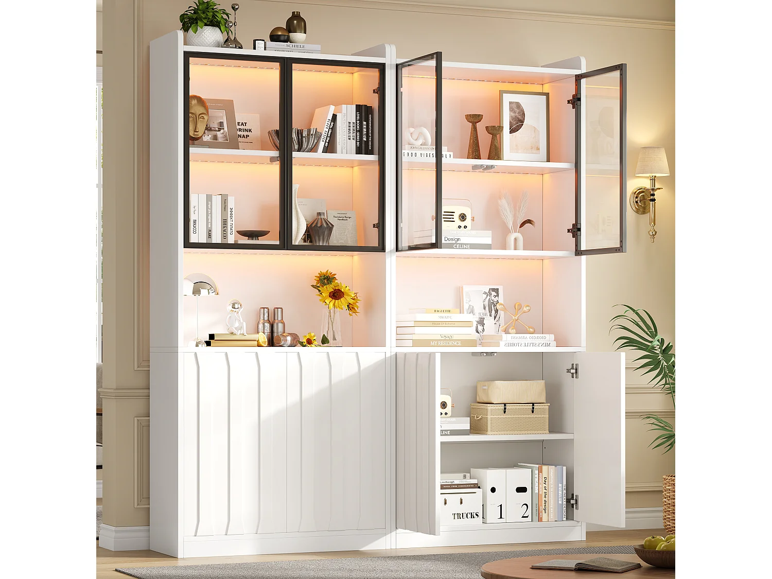 Vitrine aus Glas 160x35x200 cm - LED-Beleuchtung und offene Regale - 8 Türen und 10 Staufächer - Weiß